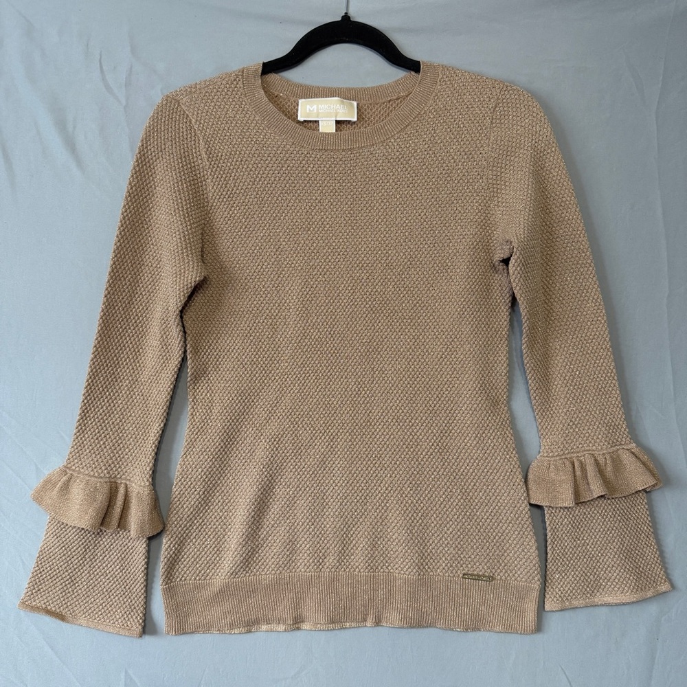Michael Kors Womens Gold Metallic Ruffle Sleeve Knit Sweater Size XS Preppy